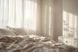 Camera da letto luminosa al mattino, con tende leggere e lenzuola chiare