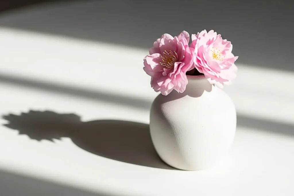 Fiori rosa in un vaso di ceramica bianca, illuminati da una luce morbida che proietta la loro ombra