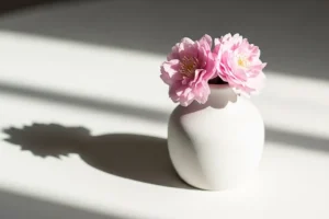 Fiori rosa in un vaso di ceramica bianca, illuminati da una luce morbida che proietta la loro ombra